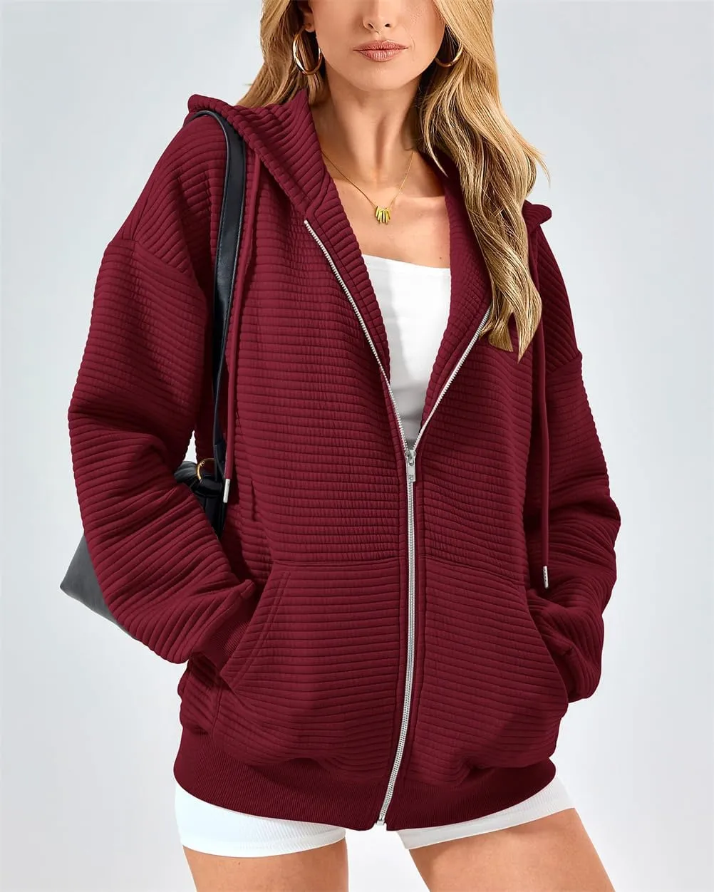 Women's Full Zip Up Hoodie Fall Outfits 2024 Oversized Hoodies Womens Waffle Knit Jacket with Pocket