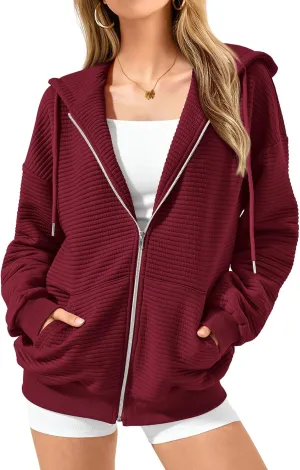 Women's Full Zip Up Hoodie Fall Outfits 2024 Oversized Hoodies Womens Waffle Knit Jacket with Pocket