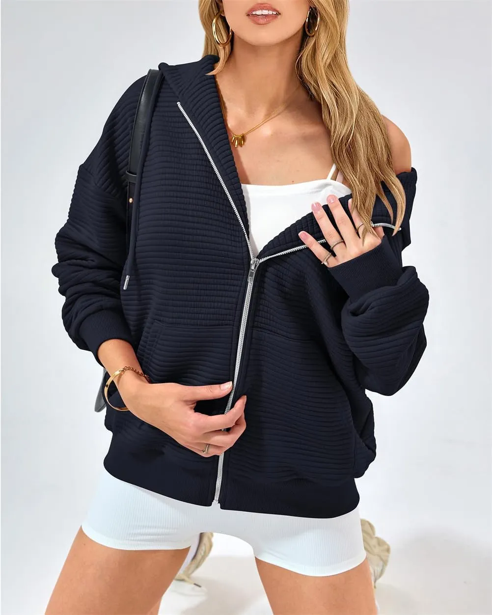 Women's Full Zip Up Hoodie Fall Outfits 2024 Oversized Hoodies Womens Waffle Knit Jacket with Pocket
