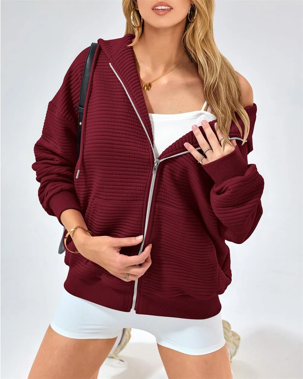 Women's Full Zip Up Hoodie Fall Outfits 2024 Oversized Hoodies Womens Waffle Knit Jacket with Pocket