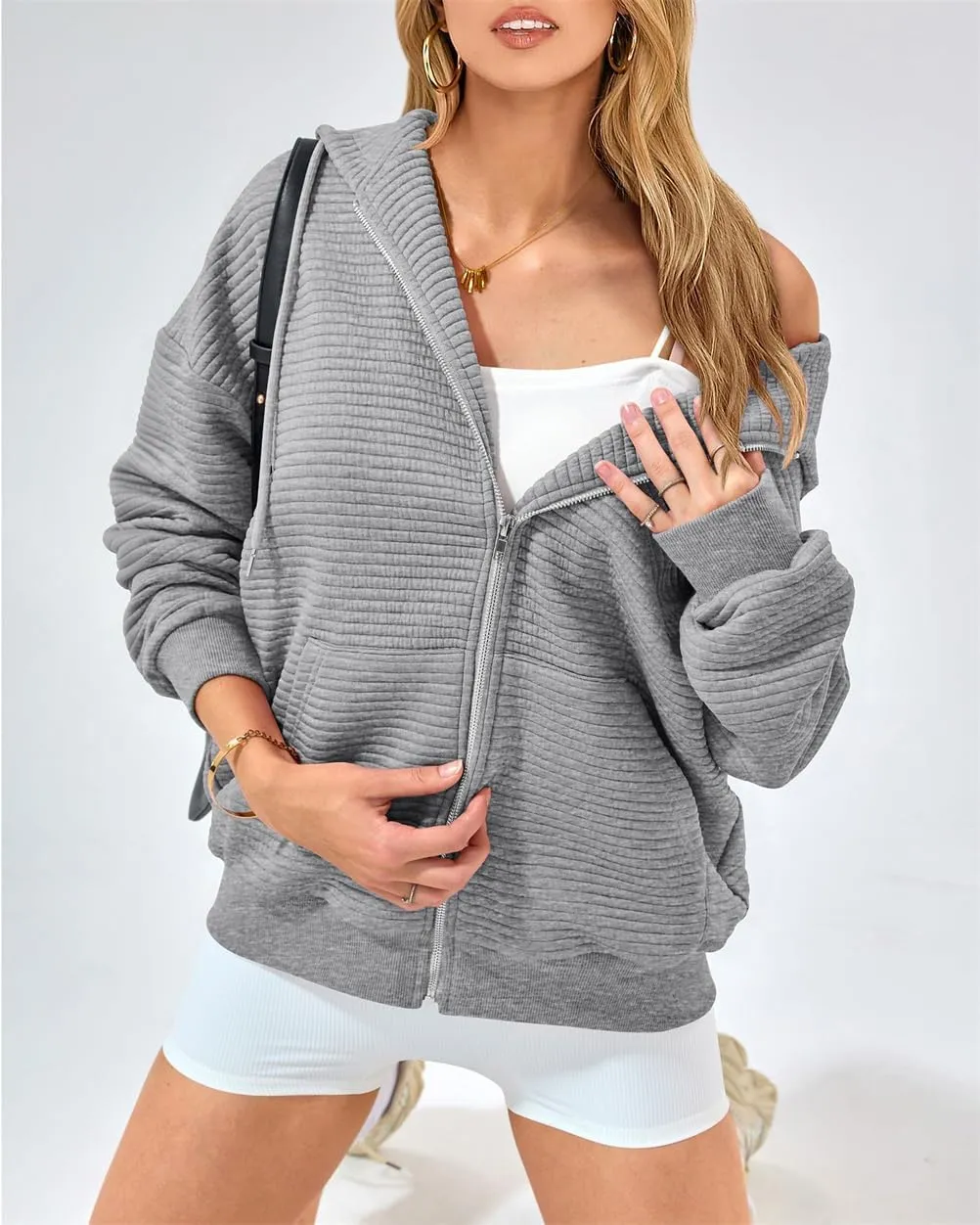 Women's Full Zip Up Hoodie Fall Outfits 2024 Oversized Hoodies Womens Waffle Knit Jacket with Pocket