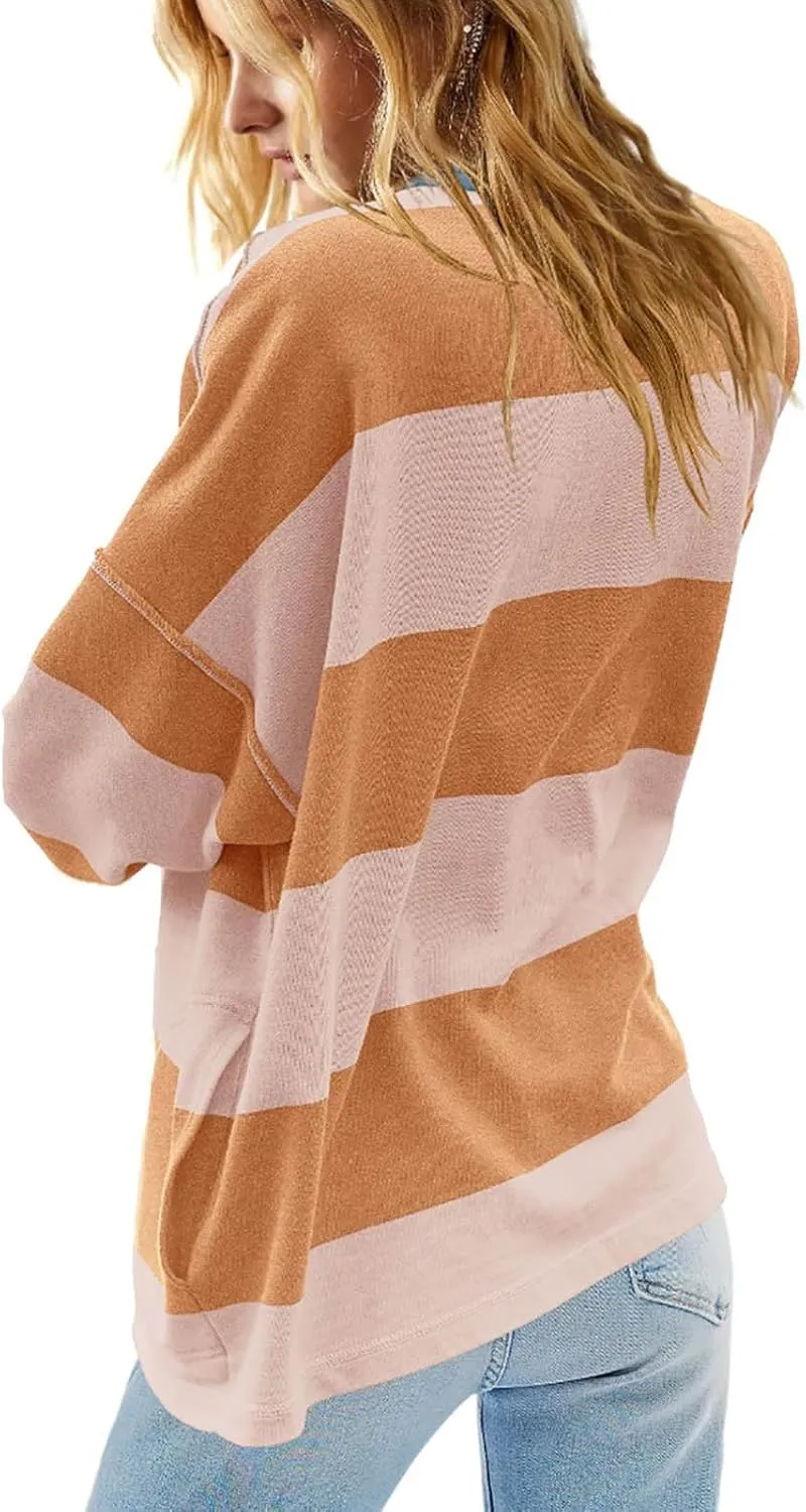 Womens Half Zip Striped Sweatshirt V Neck Oversized Hoodies Tops Casual Trendy Fall Outfits Loose Fit Preppy Clothes