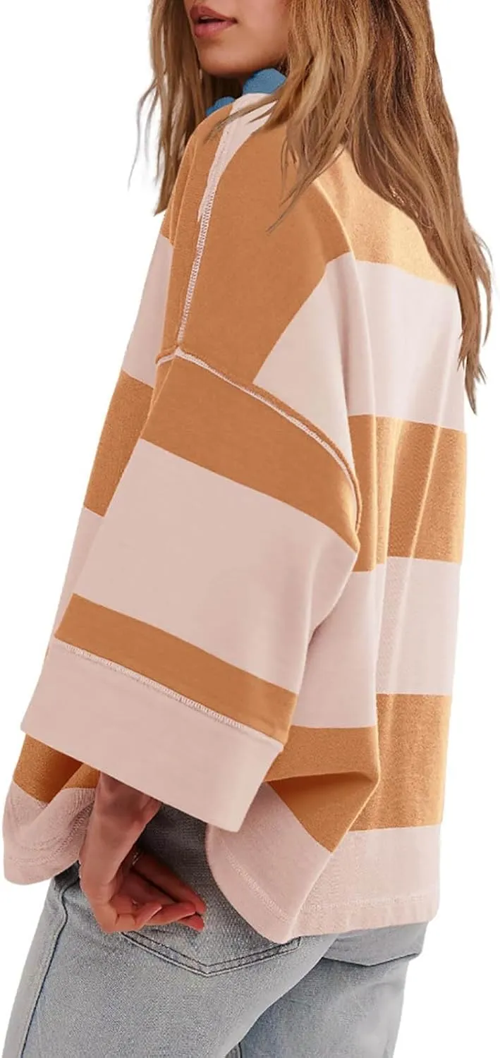 Womens Half Zip Striped Sweatshirt V Neck Oversized Hoodies Tops Casual Trendy Fall Outfits Loose Fit Preppy Clothes