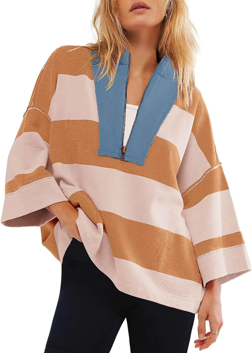 Womens Half Zip Striped Sweatshirt V Neck Oversized Hoodies Tops Casual Trendy Fall Outfits Loose Fit Preppy Clothes