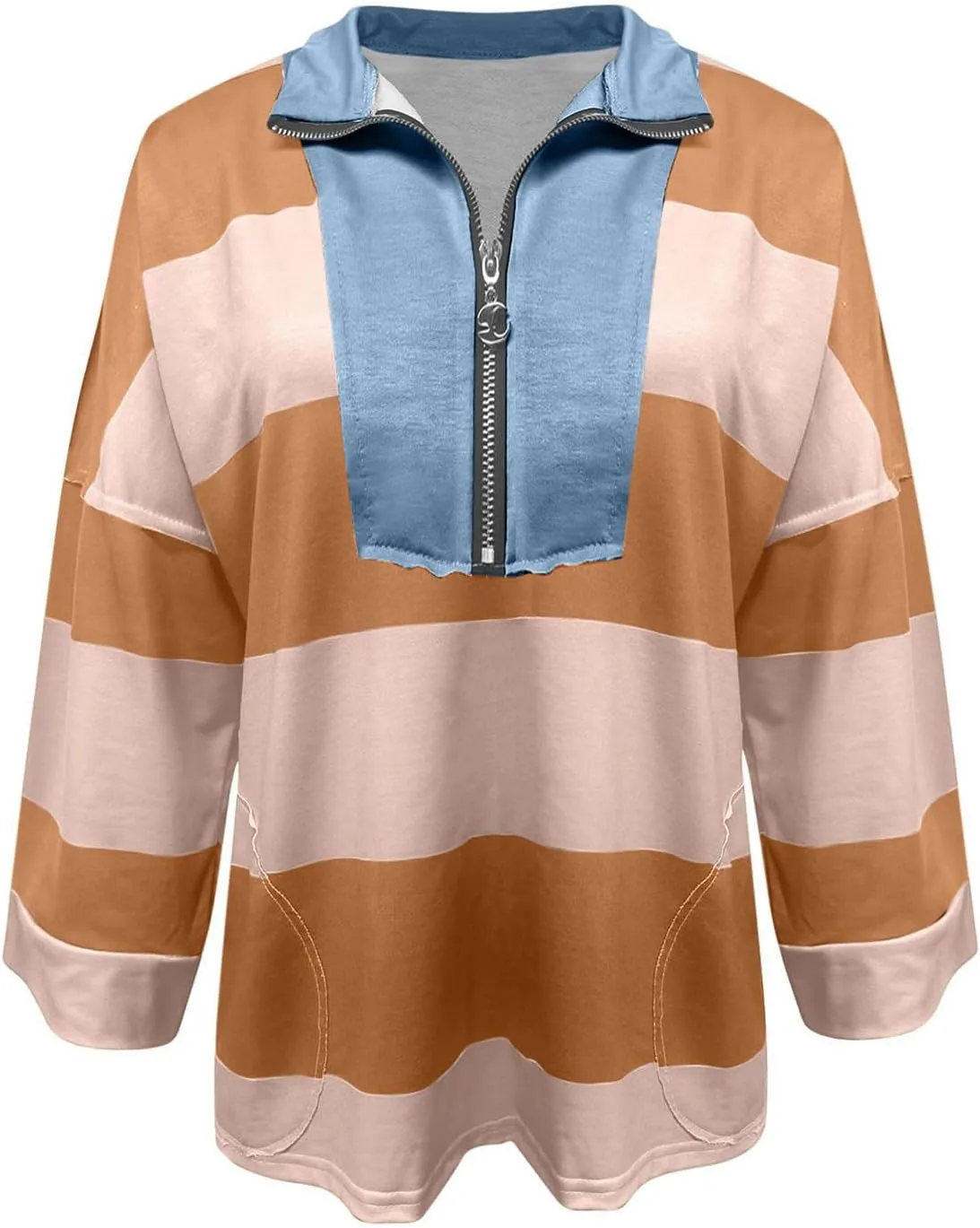 Womens Half Zip Striped Sweatshirt V Neck Oversized Hoodies Tops Casual Trendy Fall Outfits Loose Fit Preppy Clothes