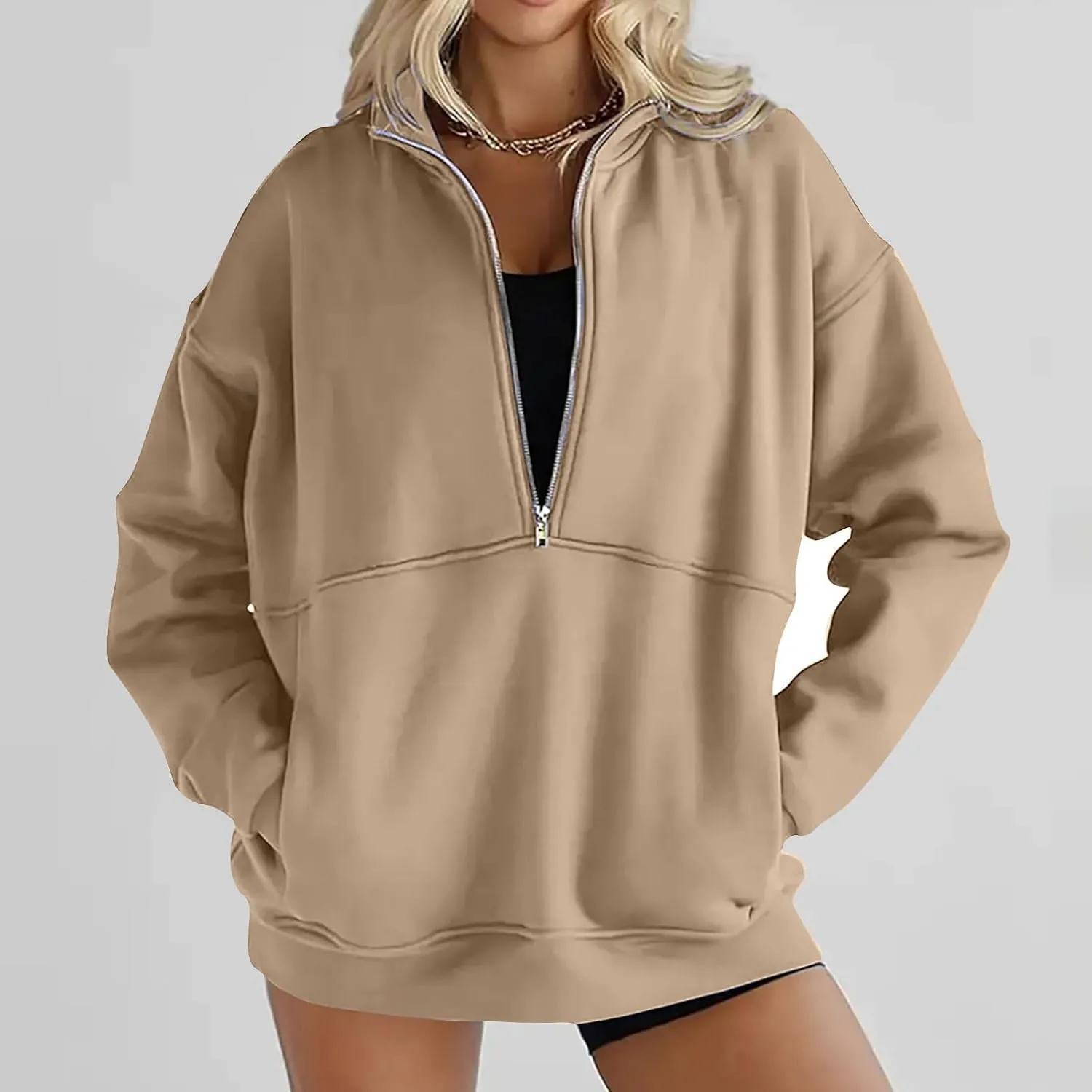 Women's Half Zip Sweatshirts Long Sleeve Drop Shoulder Pullover Casual Oversized Hoodies with Pocket