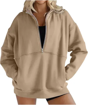 Women's Half Zip Sweatshirts Long Sleeve Drop Shoulder Pullover Casual Oversized Hoodies with Pocket