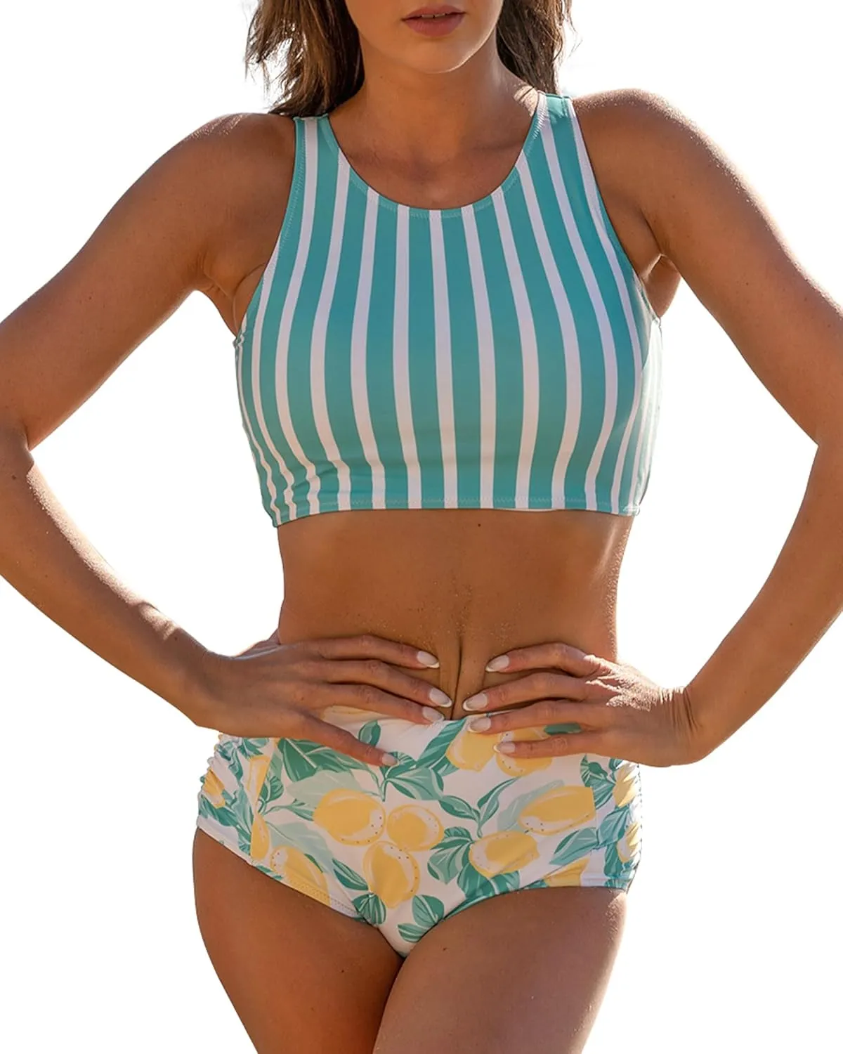 Womens High Waisted Bikini Set Two Piece Swimsuit High Neck Bathing Suit Full Coverage Tummy Control Tankini