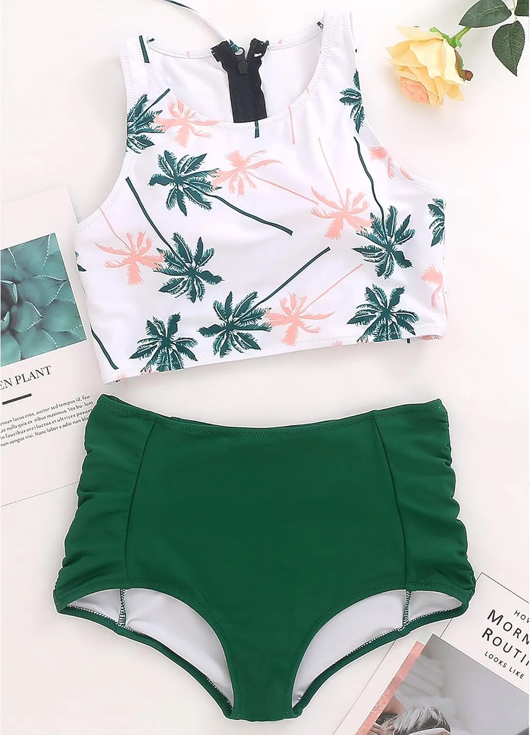 Womens High Waisted Bikini Set Two Piece Swimsuit High Neck Bathing Suit Full Coverage Tummy Control Tankini