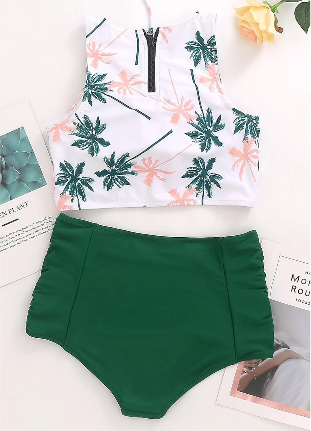 Womens High Waisted Bikini Set Two Piece Swimsuit High Neck Bathing Suit Full Coverage Tummy Control Tankini