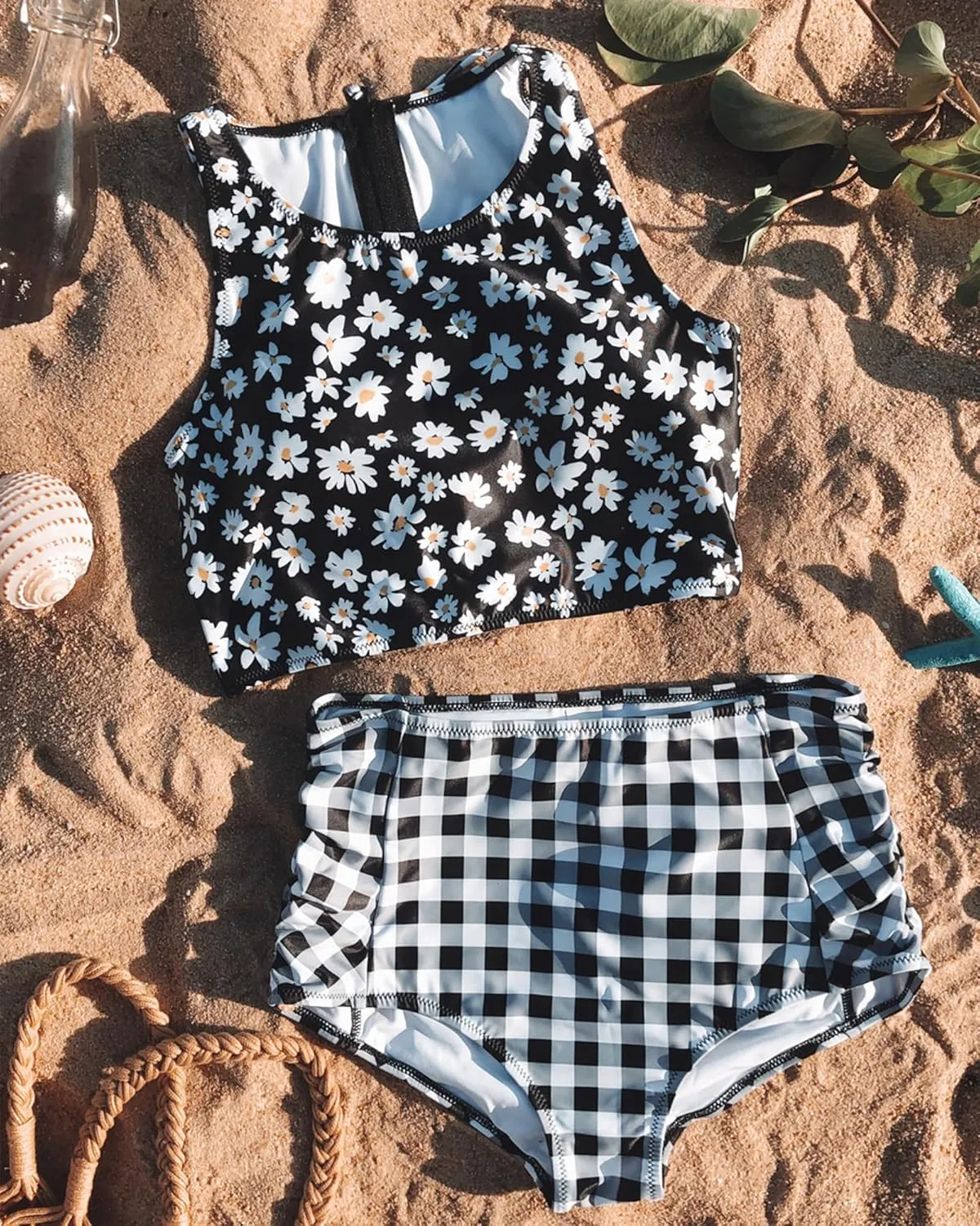 Womens High Waisted Bikini Set Two Piece Swimsuit High Neck Bathing Suit Full Coverage Tummy Control Tankini