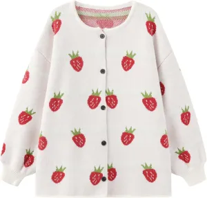 Women's Kawaii Strawberry Knit Oversized Sweater Cute Cardigan Open Front Aesthetic for Teen Girls Y2k Korean Jacket Tops