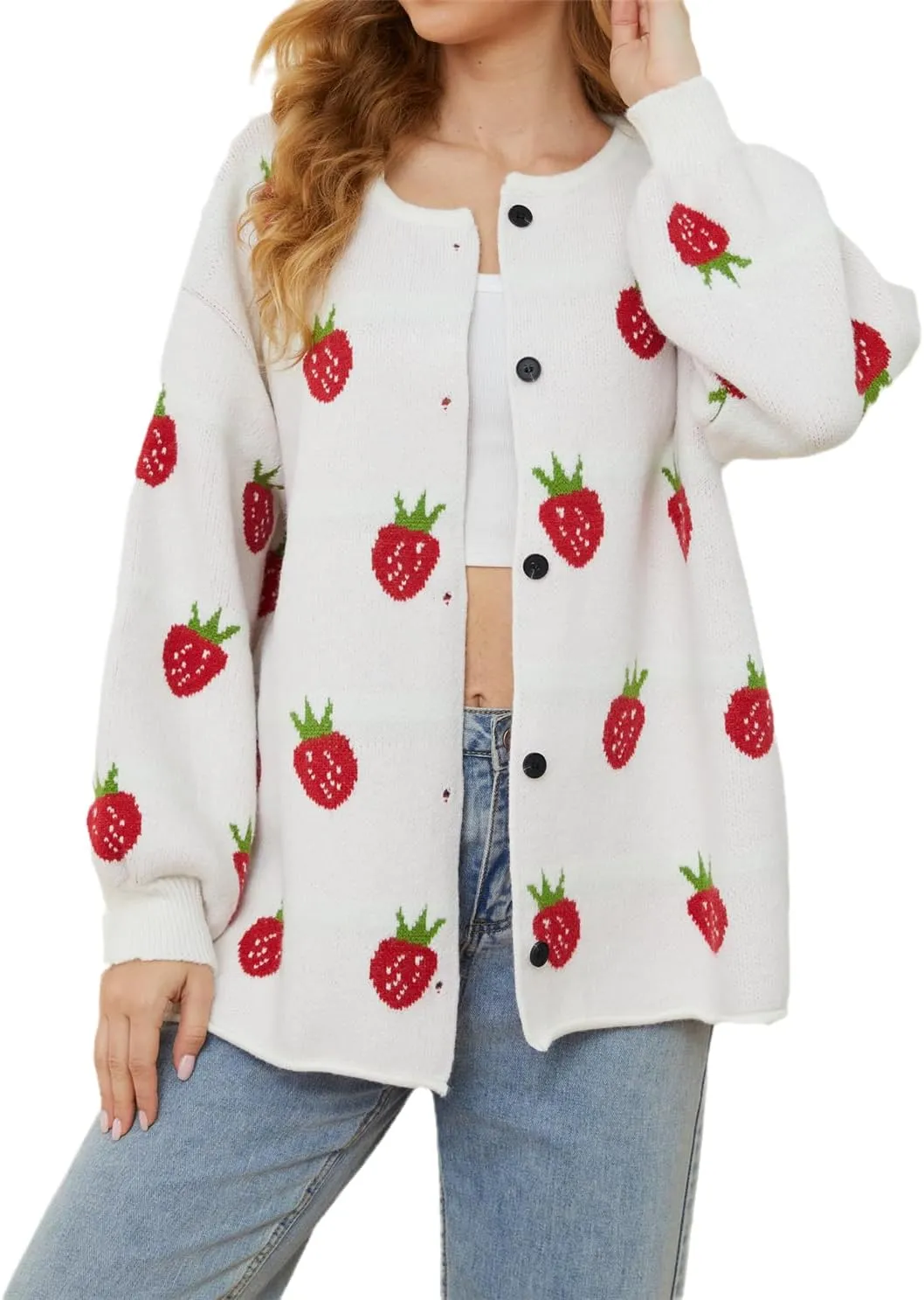 Women's Kawaii Strawberry Knit Oversized Sweater Cute Cardigan Open Front Aesthetic for Teen Girls Y2k Korean Jacket Tops