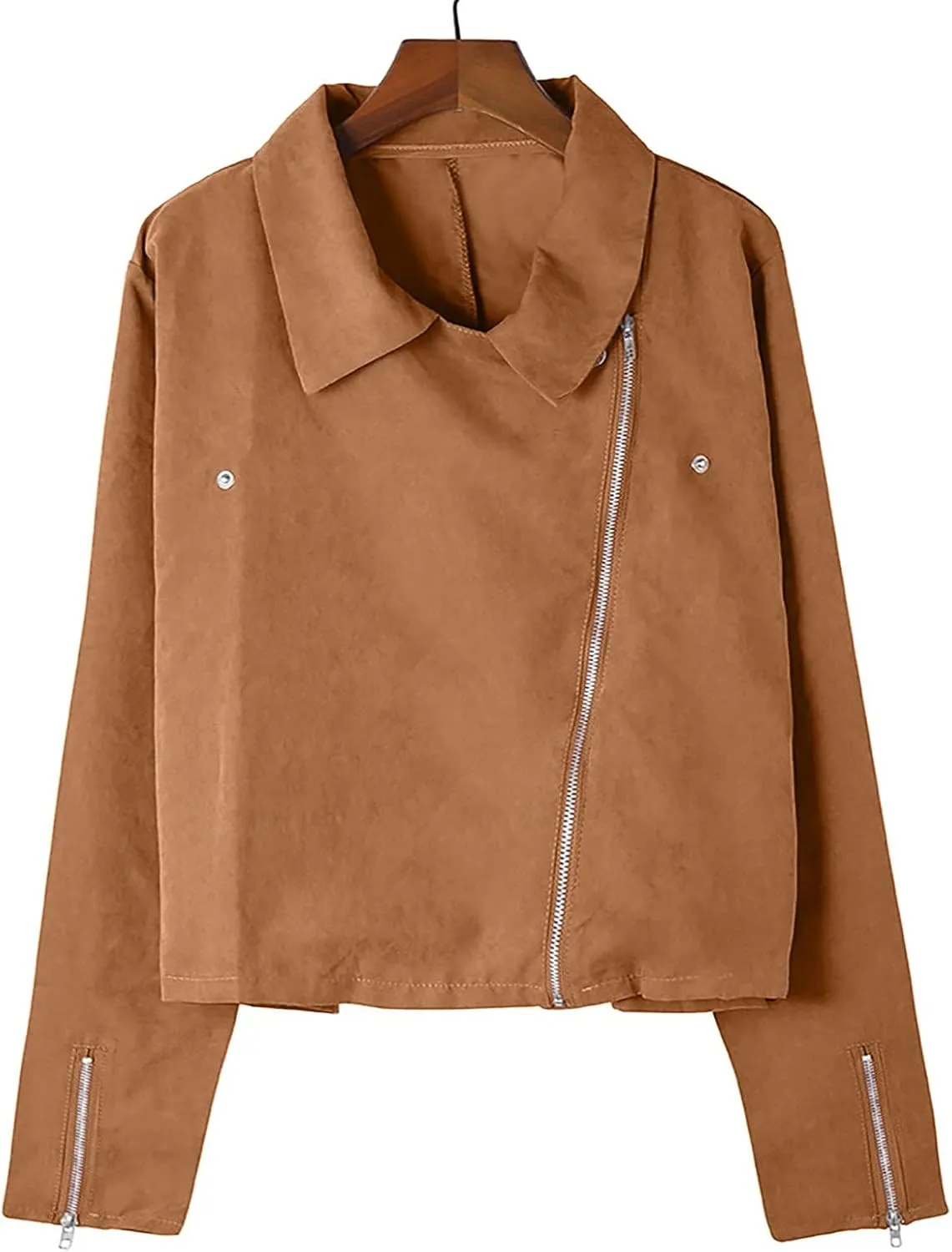 Women's Leather Jackets Solid Open Front Cardigan Lapel Long Sleeve Lightweight Coat Zipper Cropped Jacket