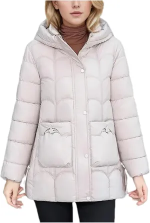 Women's Lightweight Cotton Down Coats Winter Midi Length Padded Parkas Hooded Pockets Jacket