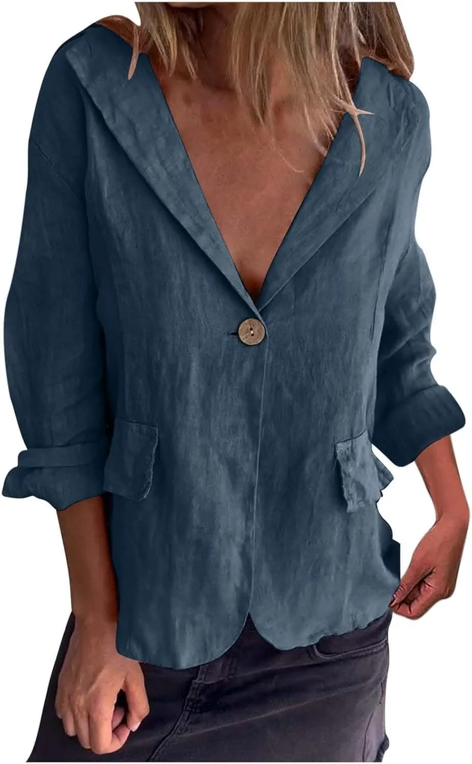 Womens Lightweight Linen Blazer 2025 Spring 3/4 Sleeve Summer Blazer Solid Color Basic Jackets