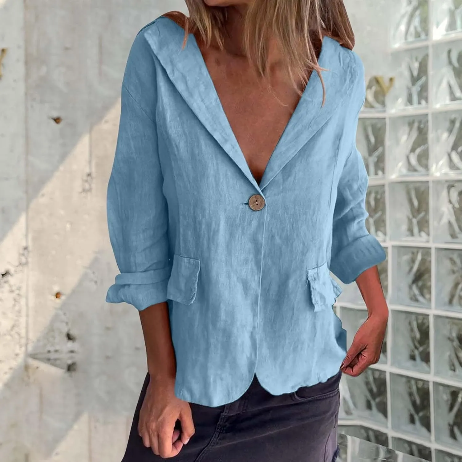 Womens Lightweight Linen Blazer 2025 Spring 3/4 Sleeve Summer Blazer Solid Color Basic Jackets