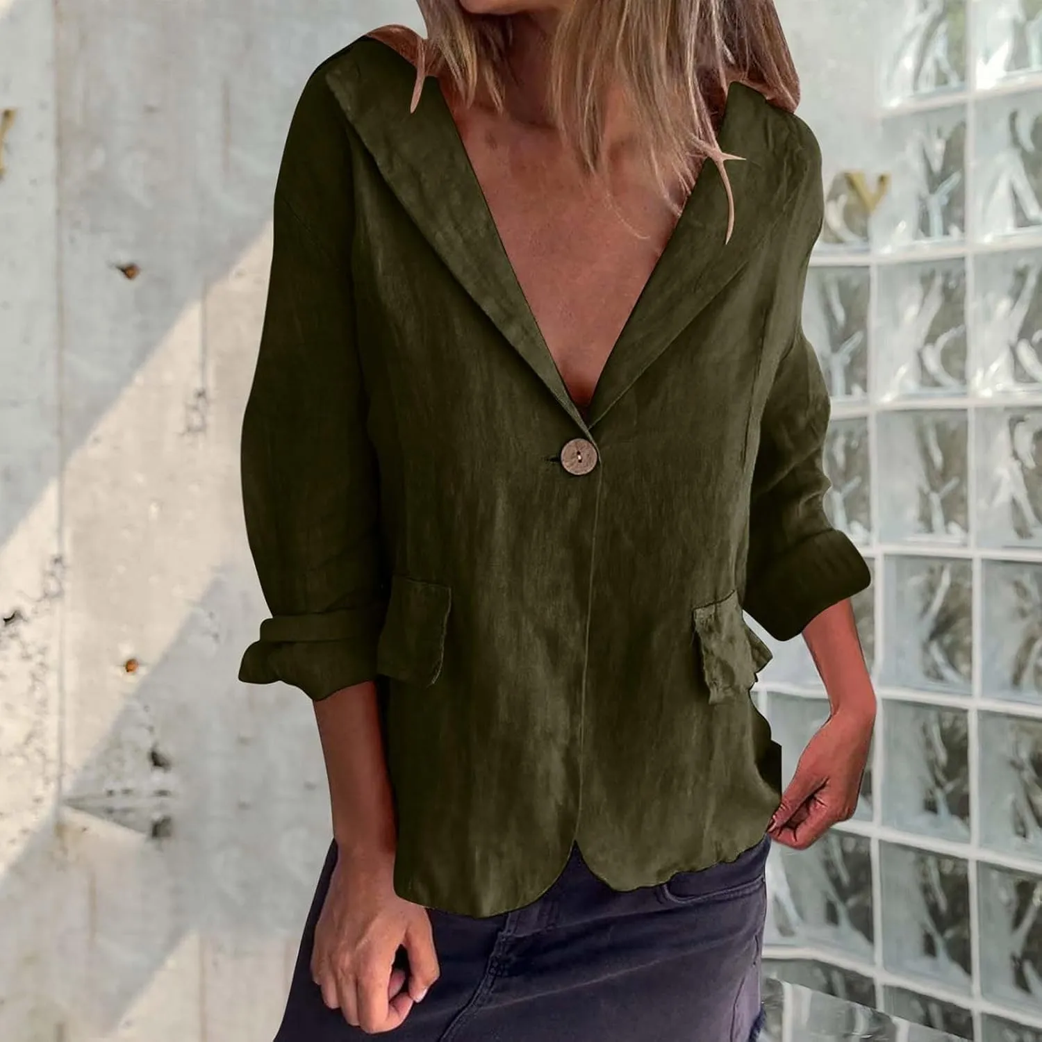 Womens Lightweight Linen Blazer 2025 Spring 3/4 Sleeve Summer Blazer Solid Color Basic Jackets