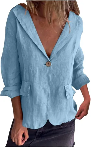 Womens Lightweight Linen Blazer 2025 Spring 3/4 Sleeve Summer Blazer Solid Color Basic Jackets
