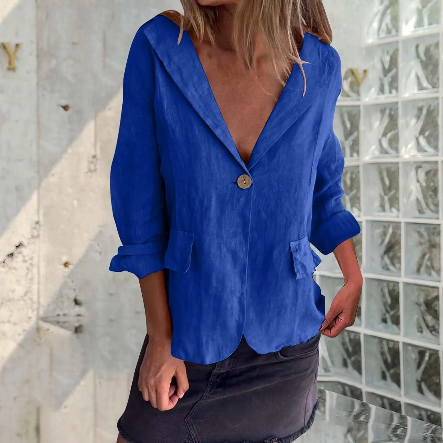 Womens Lightweight Linen Blazer 2025 Spring 3/4 Sleeve Summer Blazer Solid Color Basic Jackets