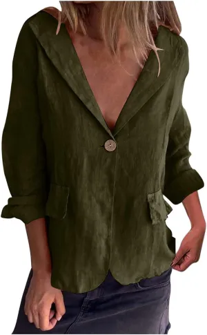Womens Lightweight Linen Blazer 2025 Spring 3/4 Sleeve Summer Blazer Solid Color Basic Jackets