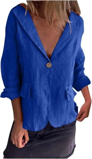 Womens Lightweight Linen Blazer 2025 Spring 3/4 Sleeve Summer Blazer Solid Color Basic Jackets