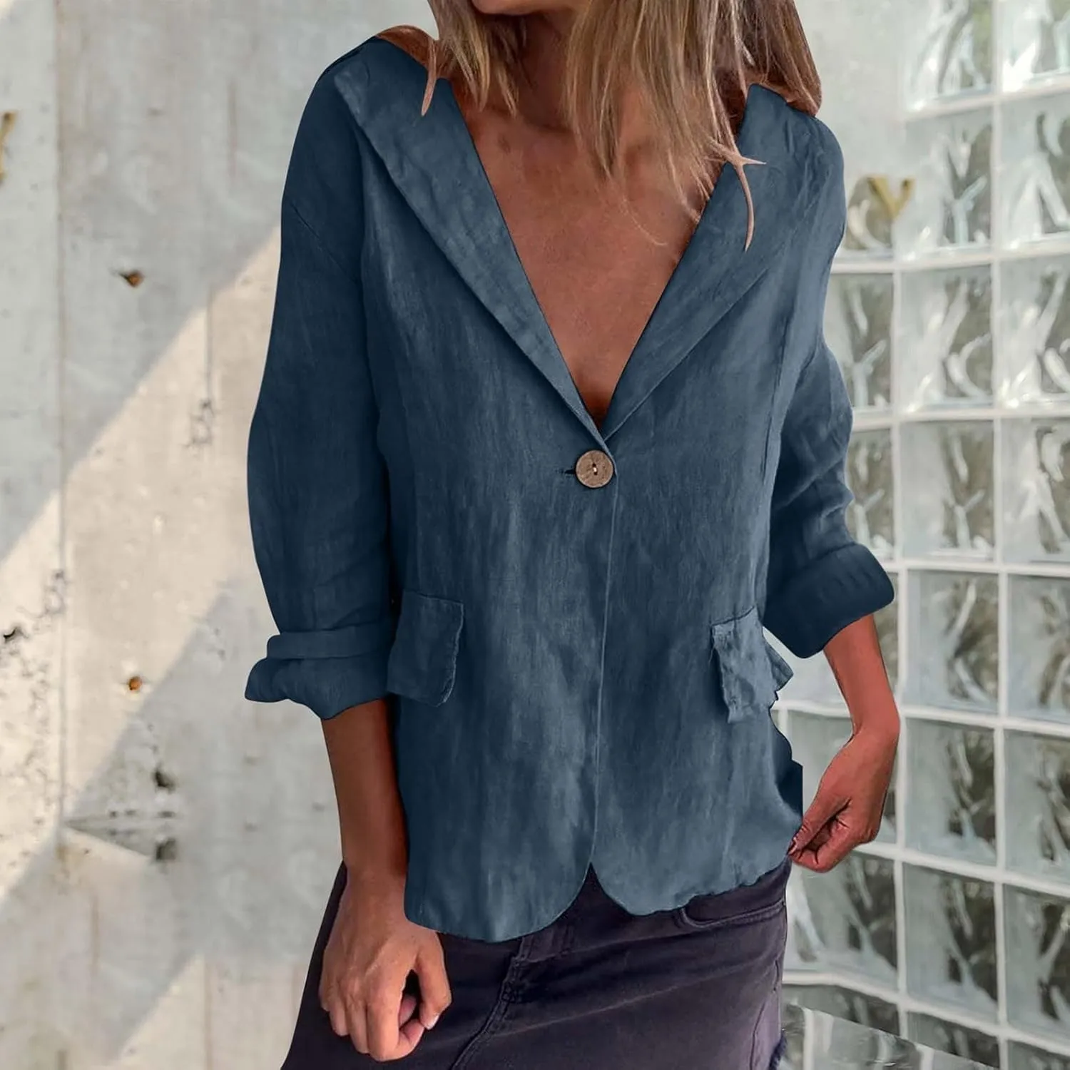 Womens Lightweight Linen Blazer 2025 Spring 3/4 Sleeve Summer Blazer Solid Color Basic Jackets
