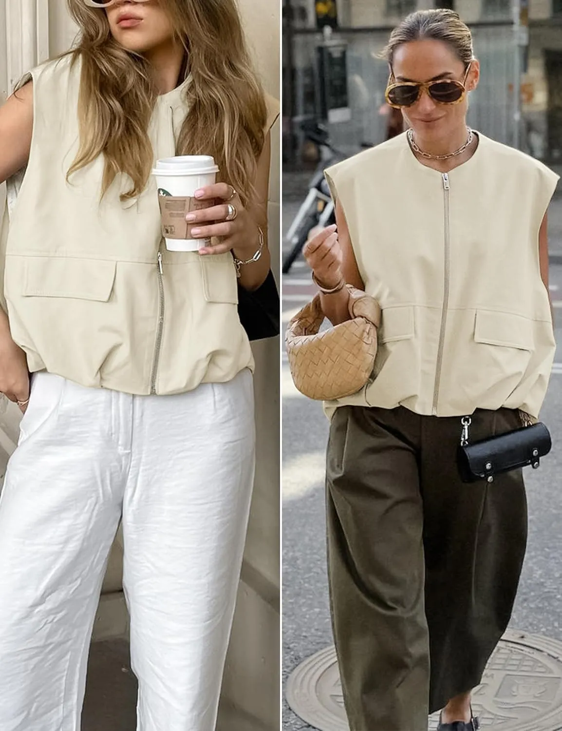 Women's Lightweight Zip Up Vest Cargo Oversized Sleeveless Ruched Hem Blazer Jackets Top with Pockets