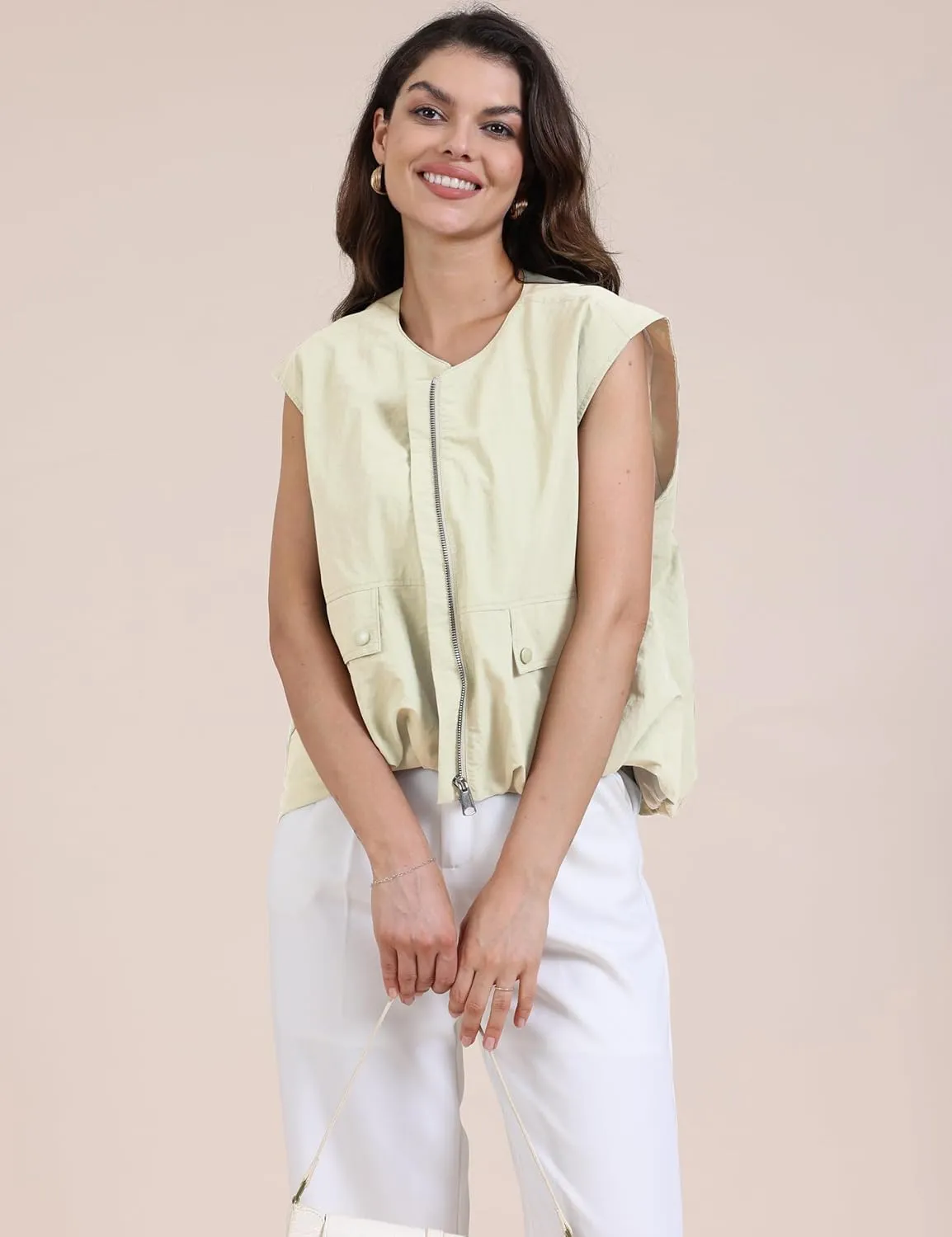 Women's Lightweight Zip Up Vest Cargo Oversized Sleeveless Ruched Hem Blazer Jackets Top with Pockets