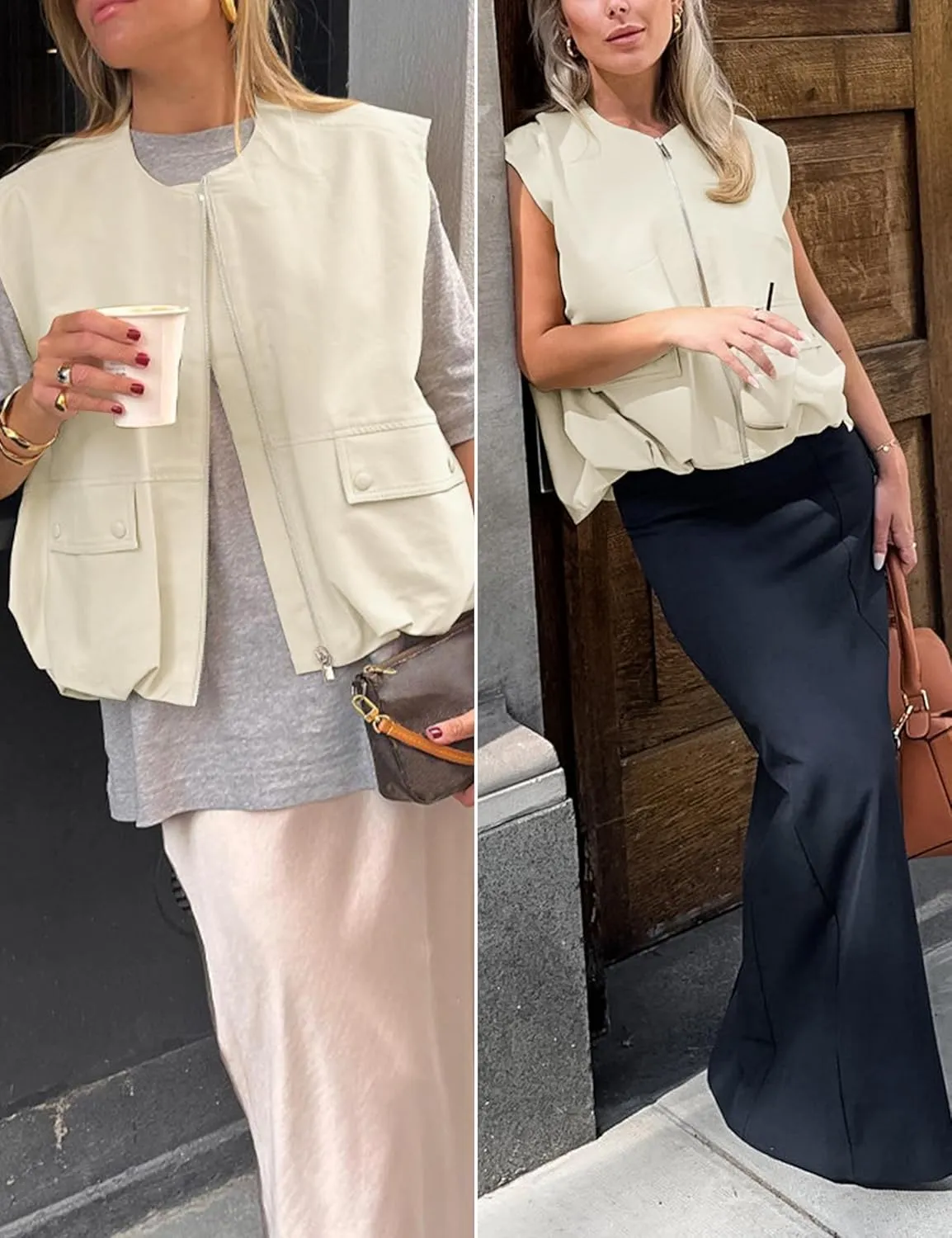 Women's Lightweight Zip Up Vest Cargo Oversized Sleeveless Ruched Hem Blazer Jackets Top with Pockets