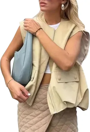 Women's Lightweight Zip Up Vest Cargo Oversized Sleeveless Ruched Hem Blazer Jackets Top with Pockets