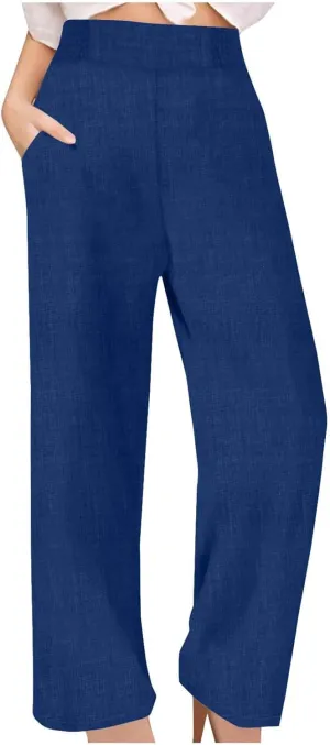 Womens Linen Pants Wide Leg Casual Baggy Trousers Pocketed Summer Palazzo Pants 2025 Beach Travel Vacation Outfits