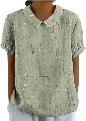 Womens Linen Vintage Tops Short Sleeve Babydoll Top Plus Size Casual Summer Tops Dressy Flowy Tops for 2024
