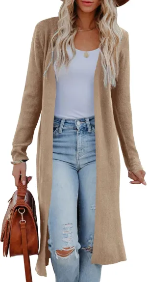 Womens Long Cardigans Open Front Maxi Cardigan Sweaters Casual 2023 Fall Side Slit Knitted Sweater Coat