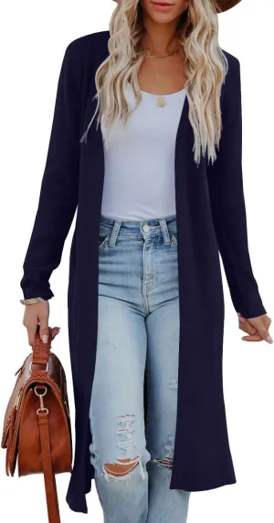 Womens Long Cardigans Open Front Maxi Cardigan Sweaters Casual 2023 Fall Side Slit Knitted Sweater Coat