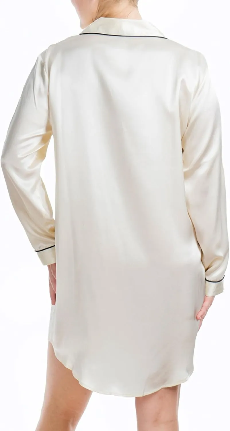 Women's Luxury Silk Sleepwear 100% Mulberry Silk Long Sleeve Sleepshirt