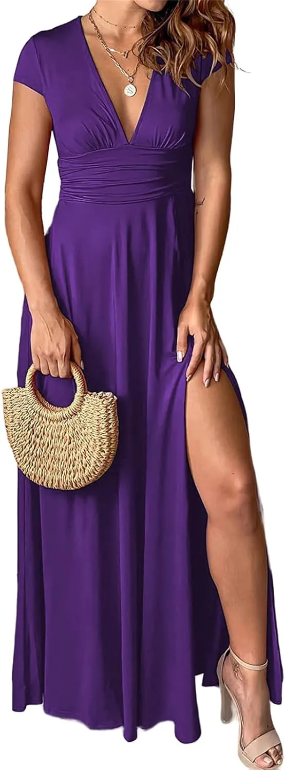 Women's Maxi Dress Deep V-Neck Long Skirt Pleated High Waist Split Dresses Short Sleeve Club Party Evening Dress
