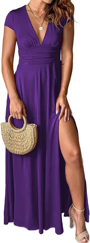 Women's Maxi Dress Deep V-Neck Long Skirt Pleated High Waist Split Dresses Short Sleeve Club Party Evening Dress