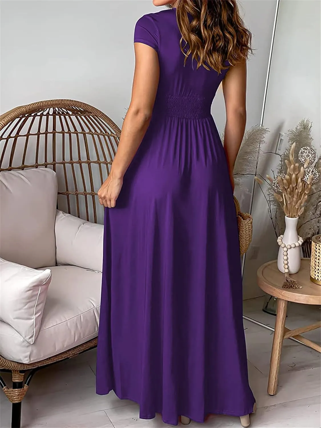 Women's Maxi Dress Deep V-Neck Long Skirt Pleated High Waist Split Dresses Short Sleeve Club Party Evening Dress