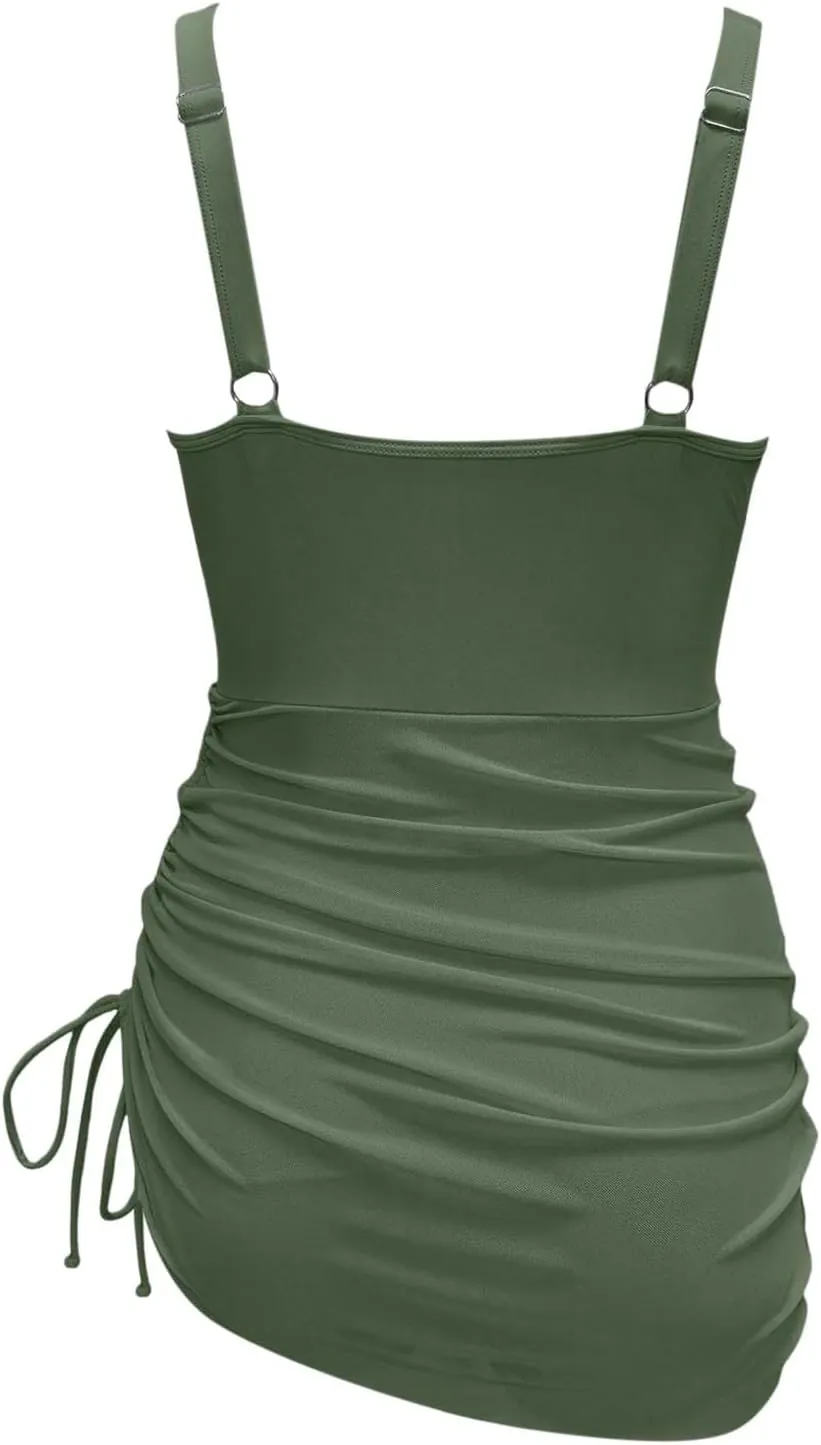 Womens Mesh One Piece Swim Dress Swimsuit Tummy Control High Waisted Sarong Wraps Bathing Suit Padded Modest Monokini