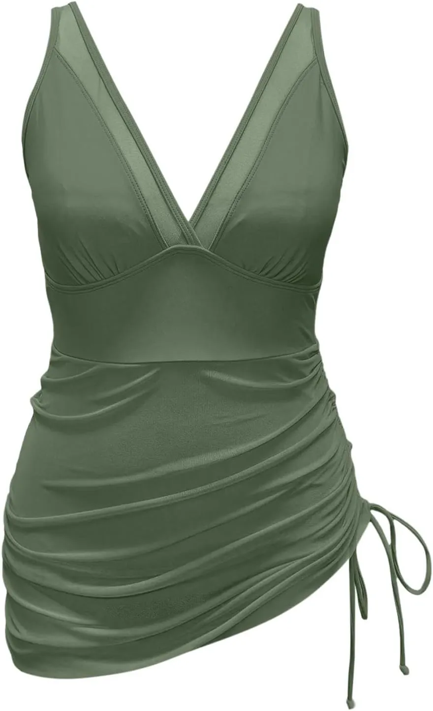 Womens Mesh One Piece Swim Dress Swimsuit Tummy Control High Waisted Sarong Wraps Bathing Suit Padded Modest Monokini