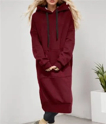 Women's Midi Fleece Shift Hoodie Dresses Long Sleeve Oversized Hooded Sweatshirt Dress Drop Shoulder Long Dresses with Pocket