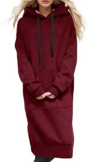 Women's Midi Fleece Shift Hoodie Dresses Long Sleeve Oversized Hooded Sweatshirt Dress Drop Shoulder Long Dresses with Pocket