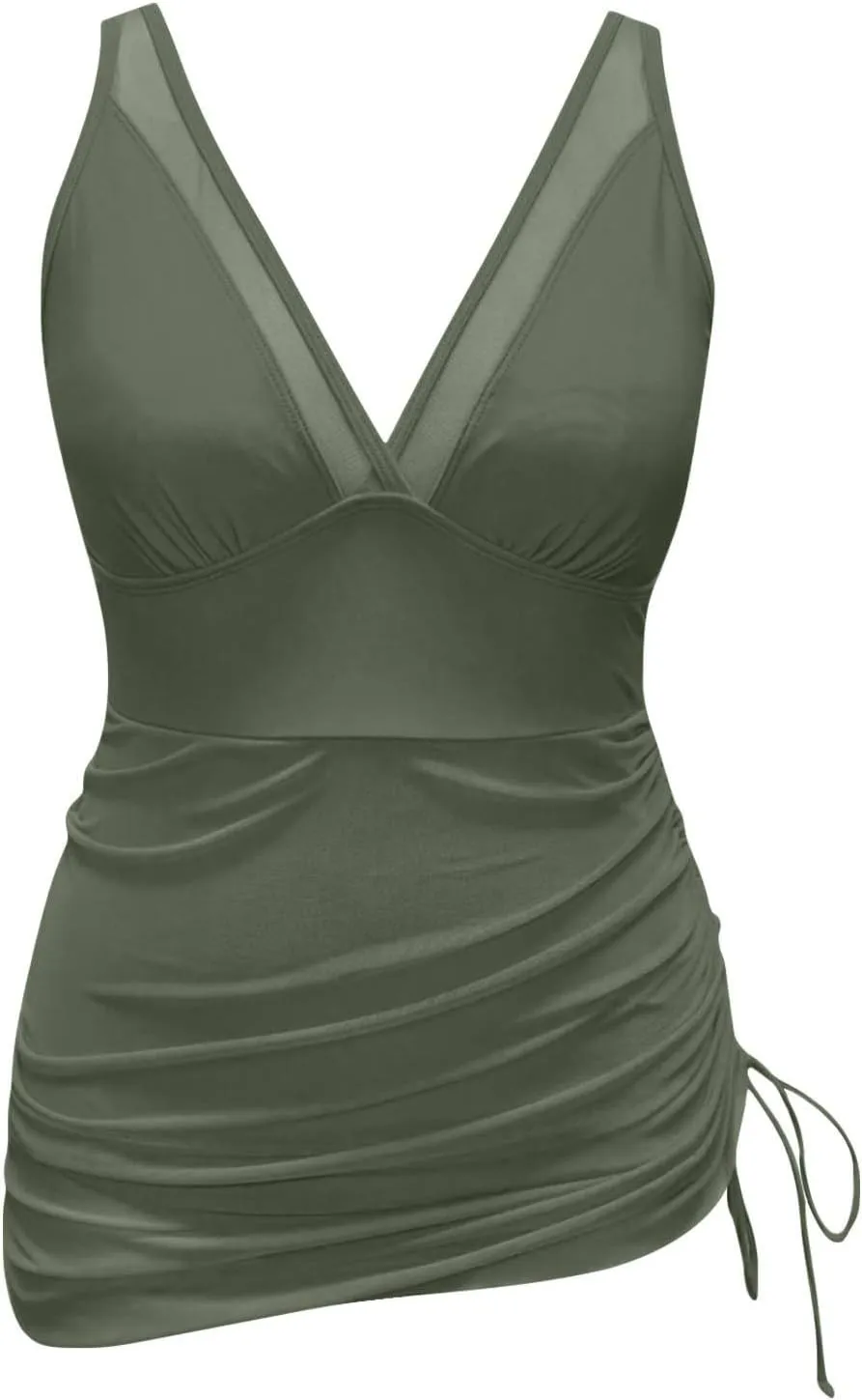 Womens One Piece Swim Dress Tummy Control Swimsuits Slimming Mesh Sheer Sarong Wraps Bathing Suit