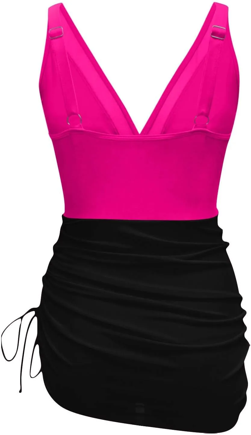 Womens One Piece Swim Dress Tummy Control Swimsuits Slimming Mesh Sheer Sarong Wraps Bathing Suit