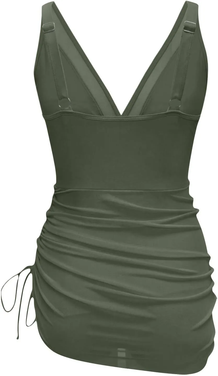 Womens One Piece Swim Dress Tummy Control Swimsuits Slimming Mesh Sheer Sarong Wraps Bathing Suit