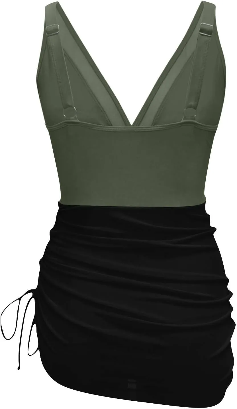 Womens One Piece Swim Dress Tummy Control Swimsuits Slimming Mesh Sheer Sarong Wraps Bathing Suit