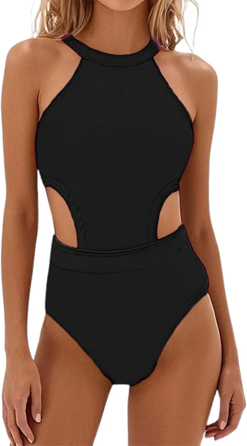 Women's One-Piece Swimsuit High Neck Cut Out Bathing Suit s Tummy Control Swimwear for Teen Girls S-XL