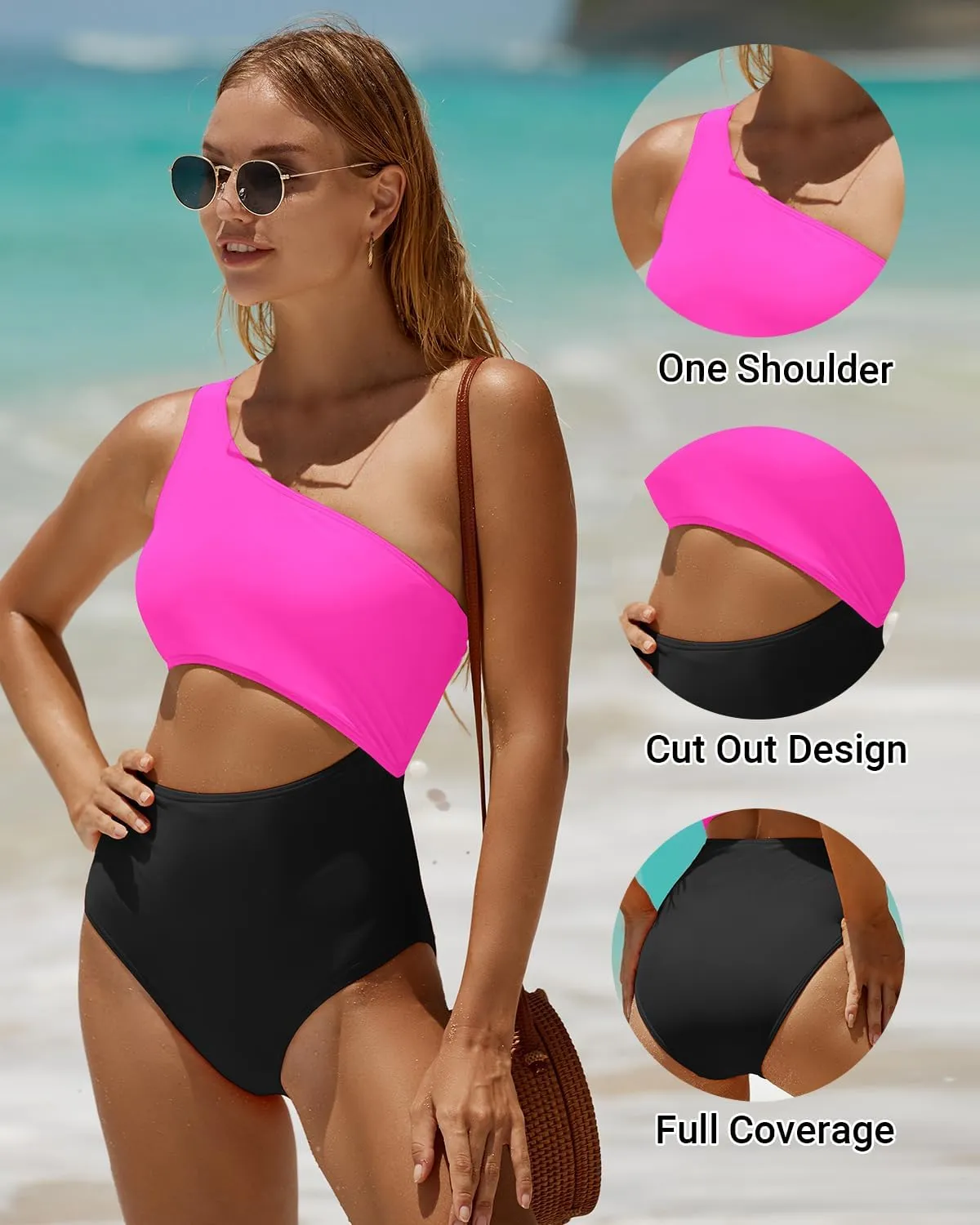 Women's One Piece Swimsuit- One Shoulder Bathing Suit Cutout Tummy Control Swimwear