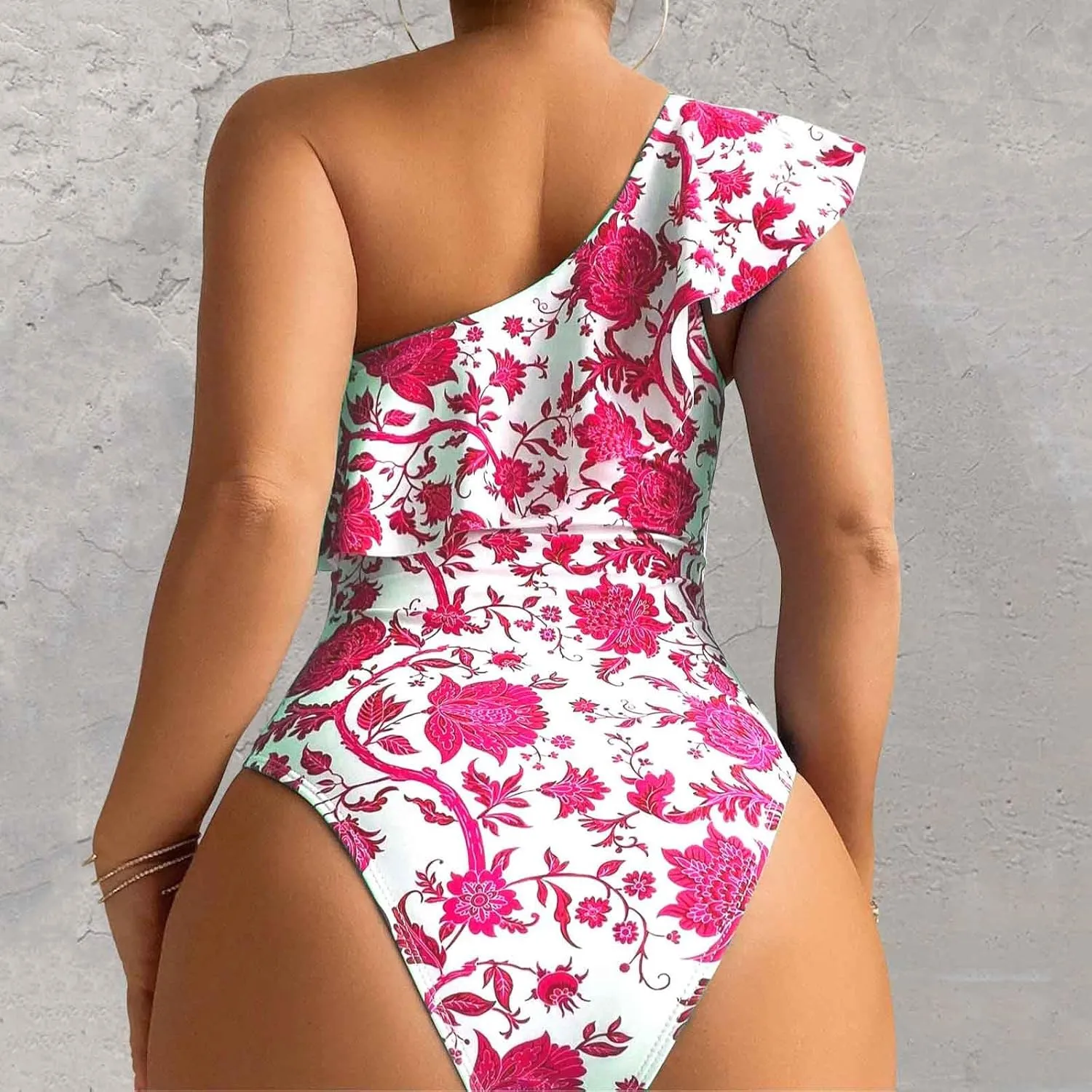 Womens One Piece Swimsuit One Shoulder Tummy Control Bathing Suit Slimming Vintage Floral Print Ruffle Swimwear